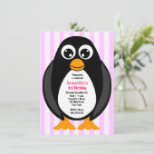 Cute Custom Birthday Party Penguin Invite - Pink (Standing Front)