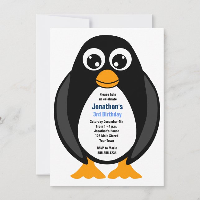 Cute Custom Birthday Party Penguin Invite - White (Front)