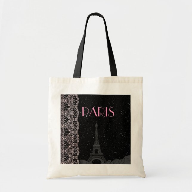 Cute Custom Black/Pink Midnight Stars Eiffel Tower Tote Bag (Front)
