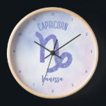 Cute Custom Capricorn Astrology Sign Clock<br><div class="desc">This pretty,  personalised purple and lavender Capricorn clock features your astrological sign from the Zodiac in a beautiful sparkle like the constellations. Customise this cute astrology symbol gift with your name in beautiful cursive script for someone with a late December or early January birthday.</div>