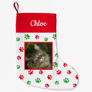 Cute Custom Cat Photo Name Red Green Paws Small Christmas Stocking