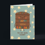 Cute Custom Choco Cake Son 10th Birthday Card<br><div class="desc">Celebrate your son's big day with this adorable 10th birthday card featuring a cute smiling choco cake character illustration, colourful sprinkles, and a cheerful “Happy Birthday” message. Set against a playful star background, this card is perfect for kids who love fun, silly, and sweet designs. Personalise it with your child’s...</div>
