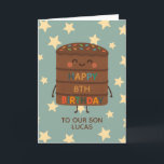 Cute Custom Choco Cake Son 8th Birthday Card<br><div class="desc">Celebrate your son's big day with this adorable 8th birthday card featuring a cute smiling choco cake character illustration, colourful sprinkles, and a cheerful “Happy Birthday” message. Set against a playful star background, this card is perfect for kids who love fun, silly, and sweet designs. Personalise it with your child’s...</div>