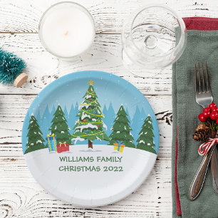 Cute Custom Christmas Trees Holiday Party Blue Paper Plate