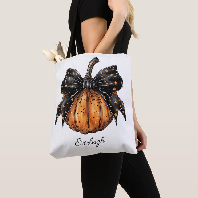 Cute Custom Coquette Trick Or Treat Pumpkin Girl  Tote Bag (Close Up)