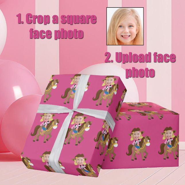 Cute Custom Cowgirl Blonde Kids Face Photo Pink Wrapping Paper (Creator Uploaded)