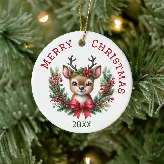 Cute Custom Deer Christmas  Ceramic Tree Decoration (Tree)