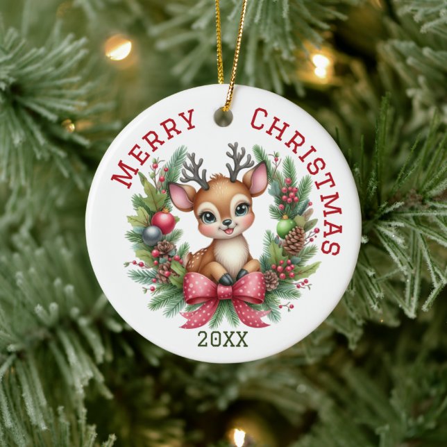 Cute Custom Deer Christmas  Ceramic Tree Decoration (Tree)