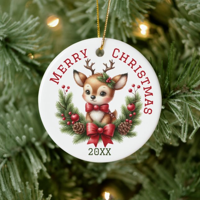 Cute Custom Deer Christmas  Ceramic Tree Decoration (Tree)