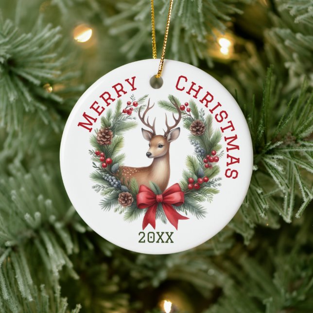 Cute Custom Deer Christmas  Ceramic Tree Decoration (Tree)