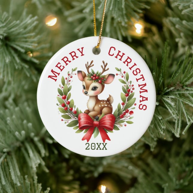 Cute Custom Deer Christmas  Ceramic Tree Decoration (Tree)