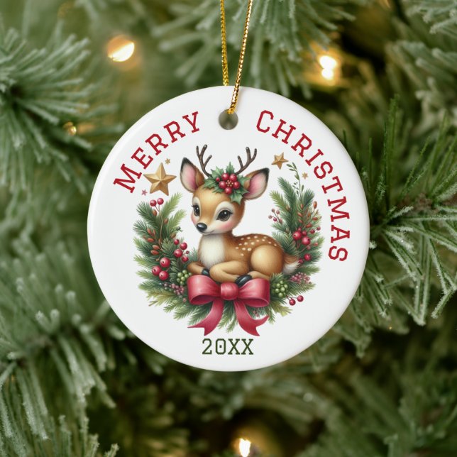 Cute Custom Deer Christmas  Ceramic Tree Decoration (Tree)