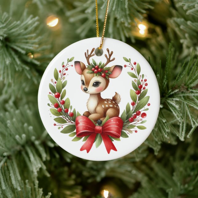 Cute Custom Deer Christmas Wreath  Ceramic Tree Decoration (Tree)