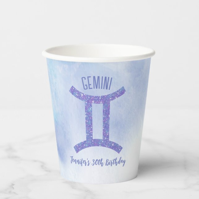Cute Custom Gemini Sign Purple Birthday Party Paper Cups (Front)