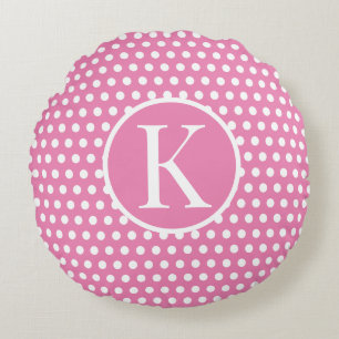 Cute Custom initial letter Polka Dot Pink Round Cushion