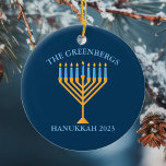 Cute Custom Jewish Family Menorah Blue Hanukkah Ceramic Tree Decoration<br><div class="desc">Cute custom Hanukkah ornament for a Jewish family gift or Chanukah party with a synagogue. Personalise with your own last name or group information in blue around the pretty blue menorah.</div>
