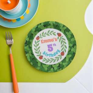 Cute Custom Ladybug & Leaf 5th Birthday Paper Plate