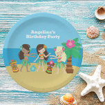Cute Custom Luau Beach Hula Girls Birthday Party Paper Plate<br><div class="desc">Cute personalised hula dancer girls on a beach for your luau party. Customise this pretty tropical island birthday party paper plate for a seaside celebration on the sand. Features a cool palm tree and dancing next to Tiki statues and blue water.</div>