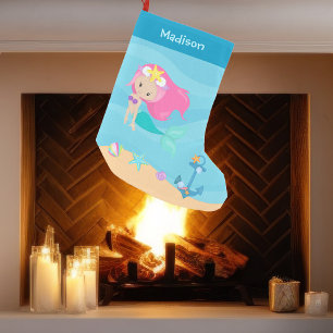 Cute Custom Mermaid Beach House Kids Small Christmas Stocking