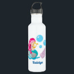 Cute Custom Mermaid Girl 710 Ml Water Bottle<br><div class="desc">A cute personalised beach girl gift with a pretty pink haired mermaid with a teal tail holding a beautiful harp next to blue bubbles. Customise with your little girl's name for a nice kids gift.</div>