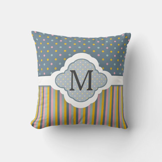 Cute Custom Monogram Polka Dot Stripes Pattern Cushion (Front)