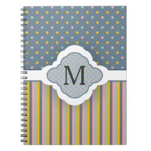Cute Custom Monogram Polka Dot Stripes Pattern Spiral Notebook