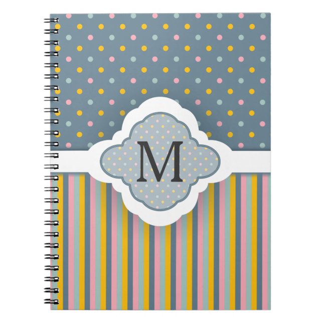 Cute Custom Monogram Polka Dot Stripes Pattern Spiral Notebook (Front)