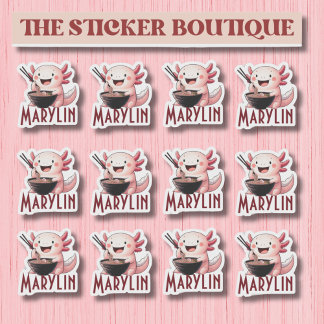Cute Custom Name Axolotl Eating Noodles Sticker