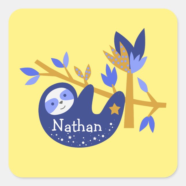 Cute Custom Name Blue Koala Bear Yellow background Square Sticker (Front)
