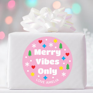 Cute Custom Name Holiday Retro Pink Christmas Classic Round Sticker