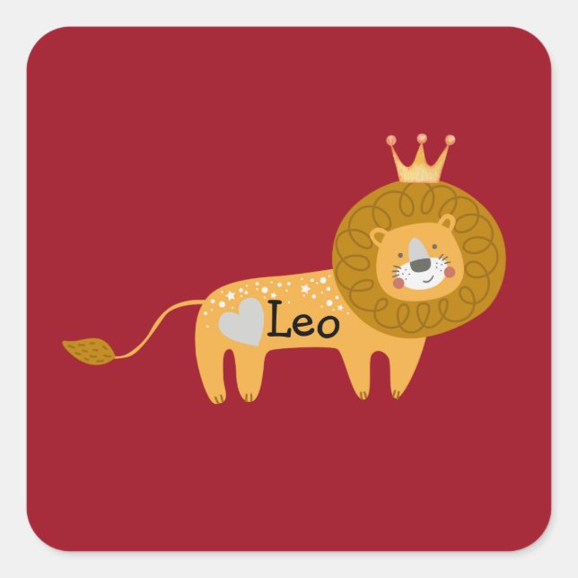 Cute Custom Name Lion with Crown & Heart Burgundy Square Sticker (Front)