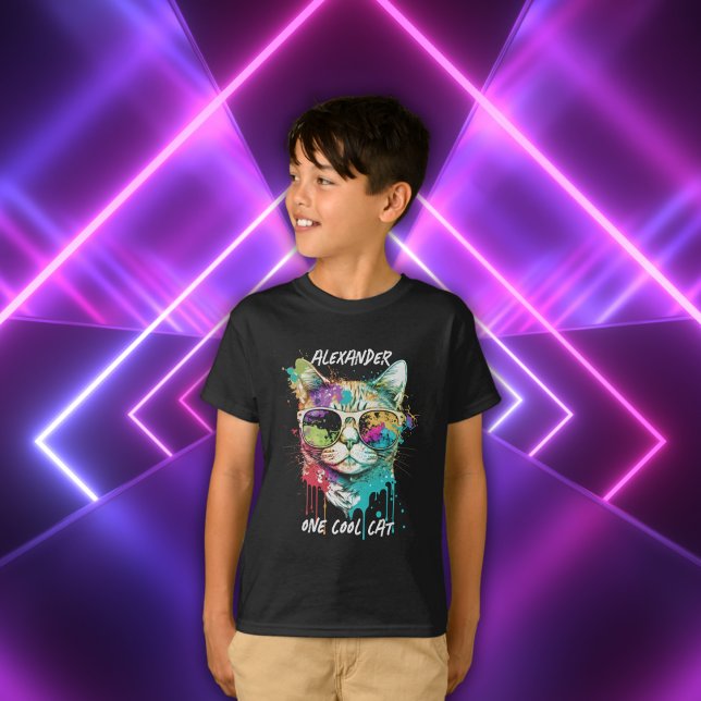 Cute Custom Name One Cool Cat Colourful Sunglasses T-Shirt (Creator Uploaded)