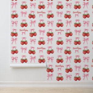 Cute Custom Name Pink Bow & Strawberry Coquette Wallpaper