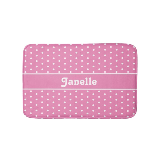 Cute Custom Name Polka Dot Pink and White Bath Mat (Front)
