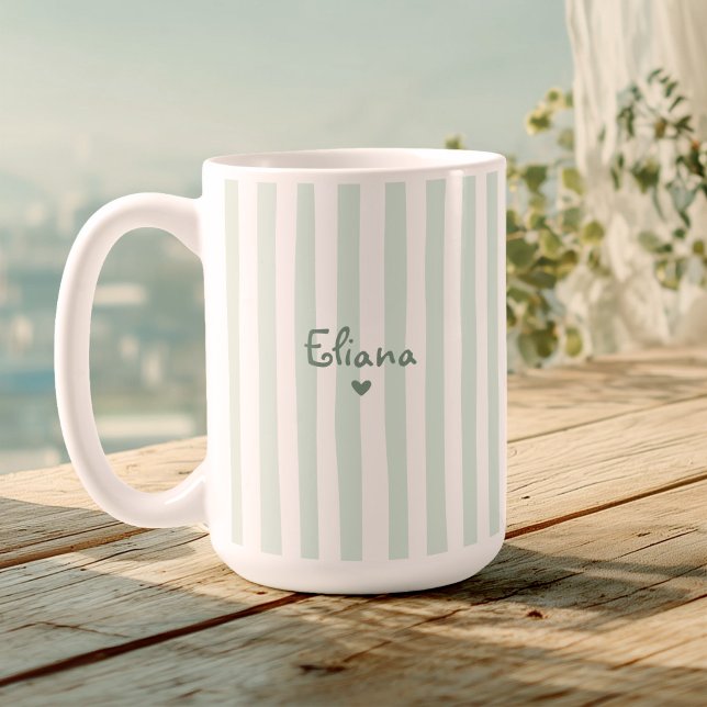Cute Custom Name Sage Green Stripes Girly Coffee Mug (Creator Uploaded)