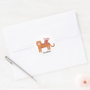 Cute Custom Name Tiger with Monkey on the Back Classic Round Sticker