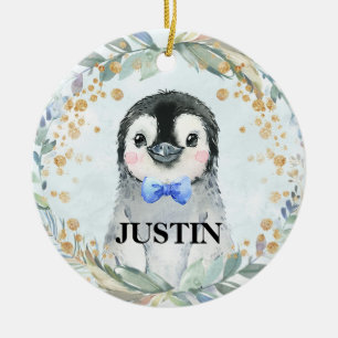 Cute Custom Name Watercolor Penguin Greenery Ceramic Tree Decoration