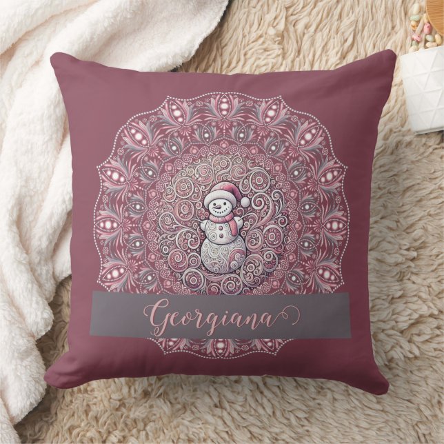 Cute Custom Name Whimsical Pink Snowman Mandala Cushion (Blanket)