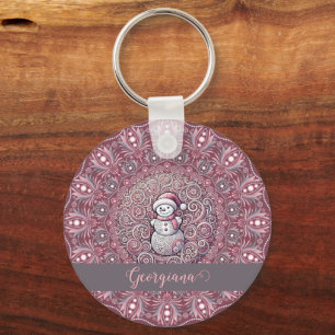 Cute Custom Name Whimsical Pink Snowman Mandala Key Ring