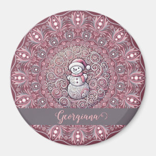 Cute Custom Name Whimsical Pink Snowman Mandala Magnet