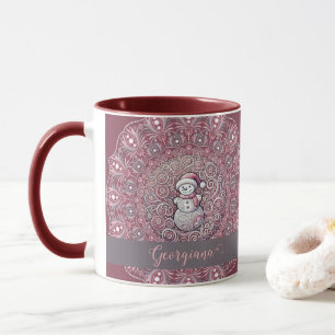 Cute Custom Name Whimsical Pink Snowman Mandala Mug
