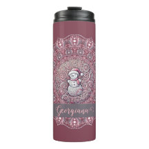Cute Custom Name Whimsical Pink Snowman Mandala