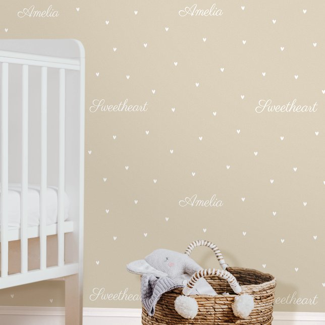 Cute Custom Name Words Heart Beige Kids Nursery Wallpaper (Creator Uploaded)