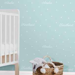 Cute Custom Name Words Heart Blue Green Nursery Wallpaper