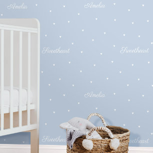 Cute Custom Name Words Heart Blue Kids Nursery Wallpaper