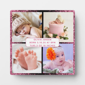 Cute Custom Newborn Baby Girl Birth Stats 4 photo Plaque