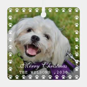 Cute Custom Paw Print Pet Name Year Photo Collage Metal Tree Decoration