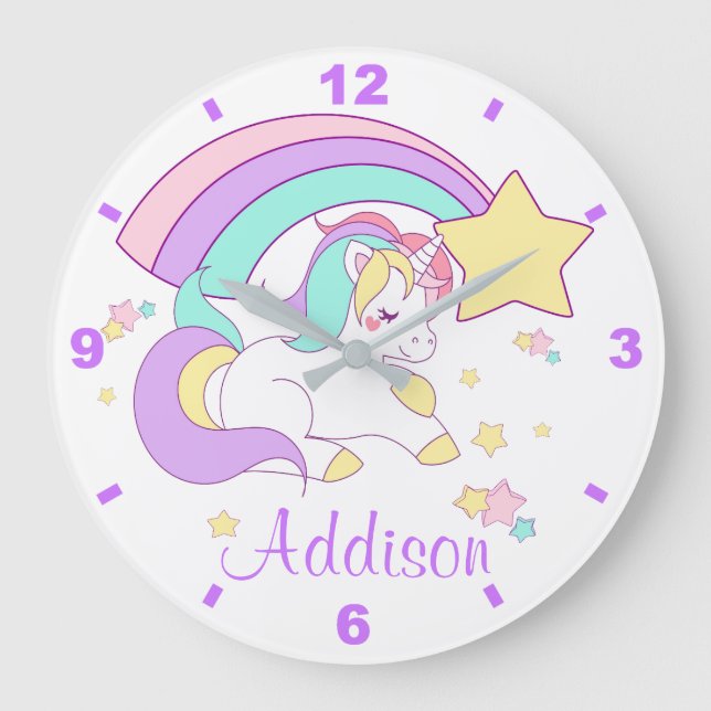 Cute Custom Personalised Magical Rainbow Unicorn Large Clock (Front)