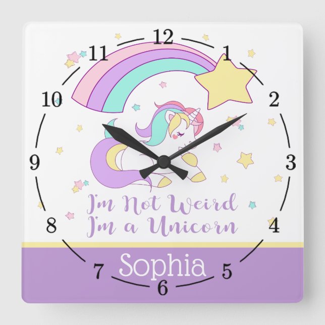 Cute Custom Personalised Magical Rainbow Unicorn Square Wall Clock (Front)
