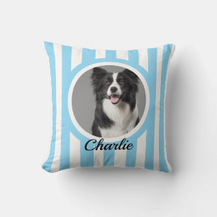 Cute Custom Pet Photo & Name Blue White Stripes Cushion